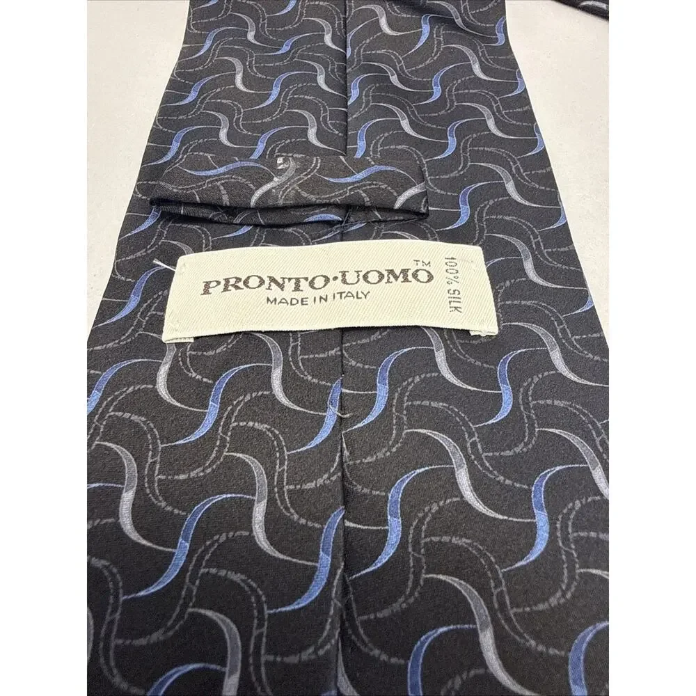 Pronto Uomo Platinum Silk Necktie Gray Black Blue Swirls Men’s Tie
